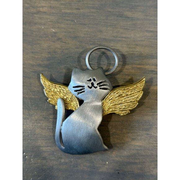 Vintage Ultra Craft Pewter and Gold Tone Cat Angel Wings Brooch Pin 2.5" - Picture 1 of 3